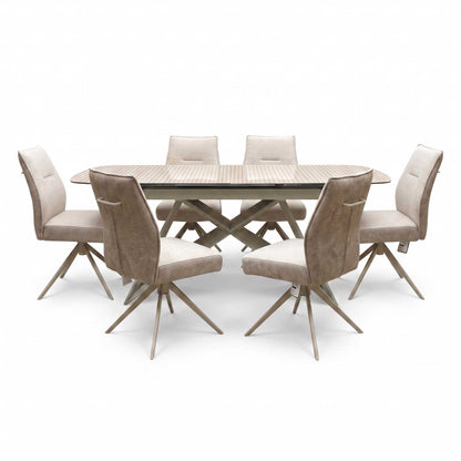 ‘Mirage’ Ceramic Top 180cm Large Pop Up Extending Dining Table with Neutral Fabric Swivel Armless Dining Chairs – view 5