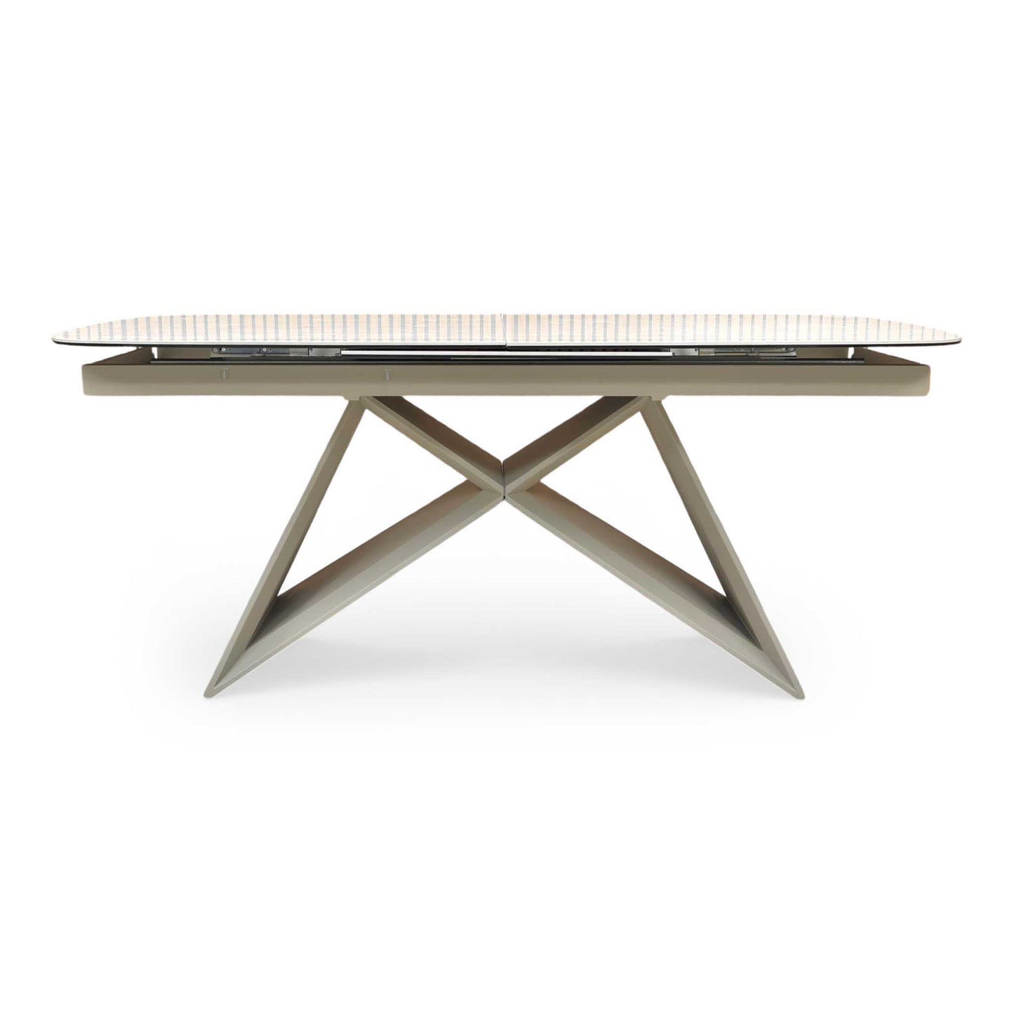 ‘Mirage’ Ceramic Top 180cm Large Pop Up Extending Dining Table with Neutral Fabric Swivel Armless Dining Chairs – view 14