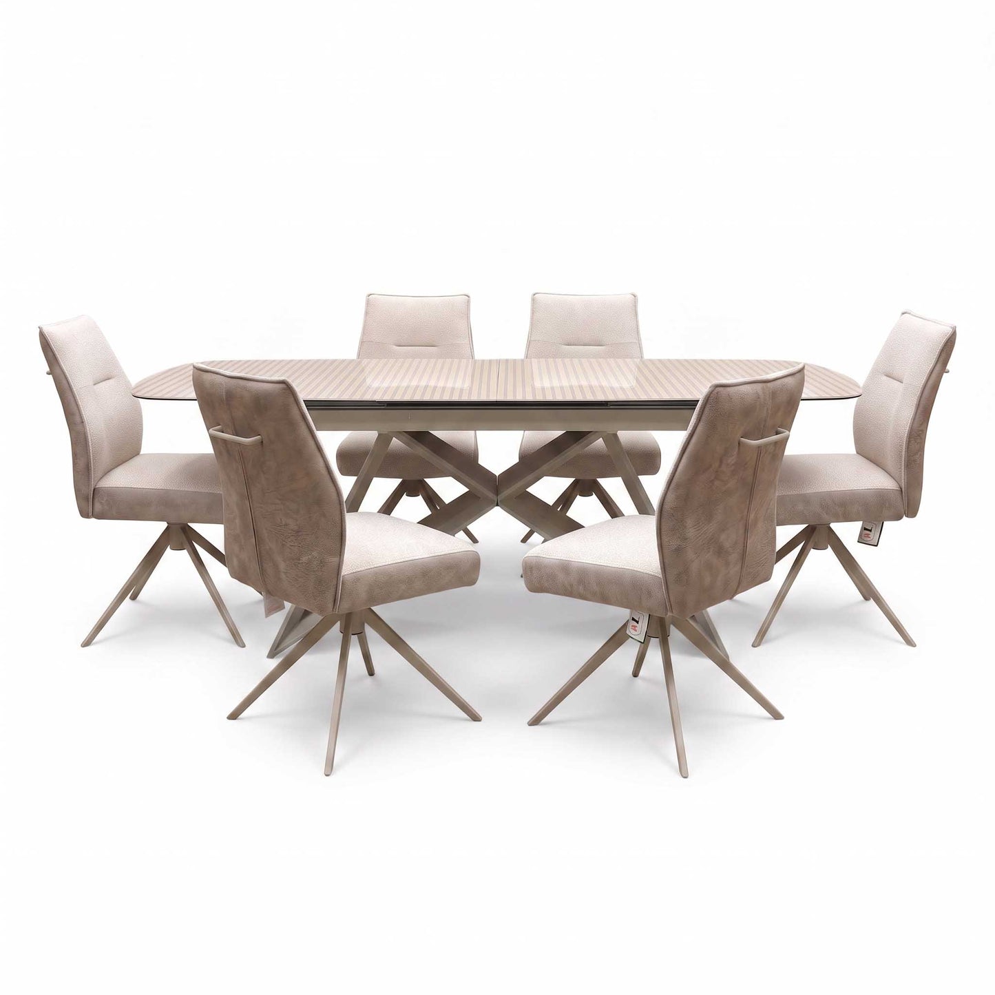 ‘Mirage’ Ceramic Top 180cm Large Pop Up Extending Dining Table with Neutral Fabric Swivel Armless Dining Chairs – view 4
