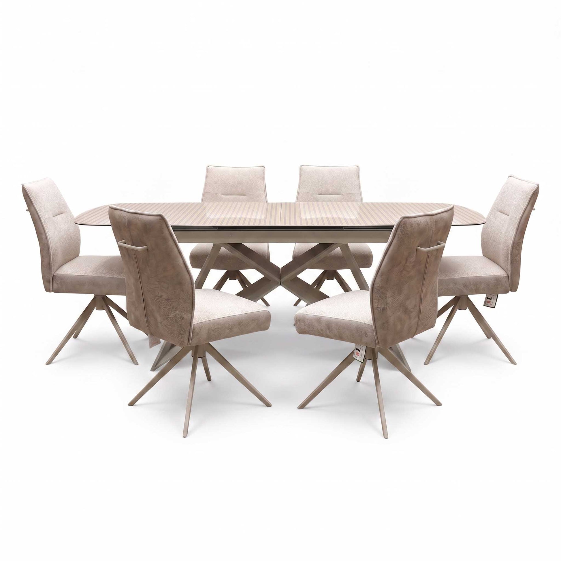 ‘Mirage’ Ceramic Top 180cm Large Pop Up Extending Dining Table with Neutral Fabric Swivel Armless Dining Chairs – view 4