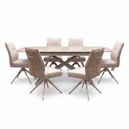 ‘Mirage’ Ceramic Top 180cm Large Pop Up Extending Dining Table with Neutral Fabric Swivel Armless Dining Chairs – view 4