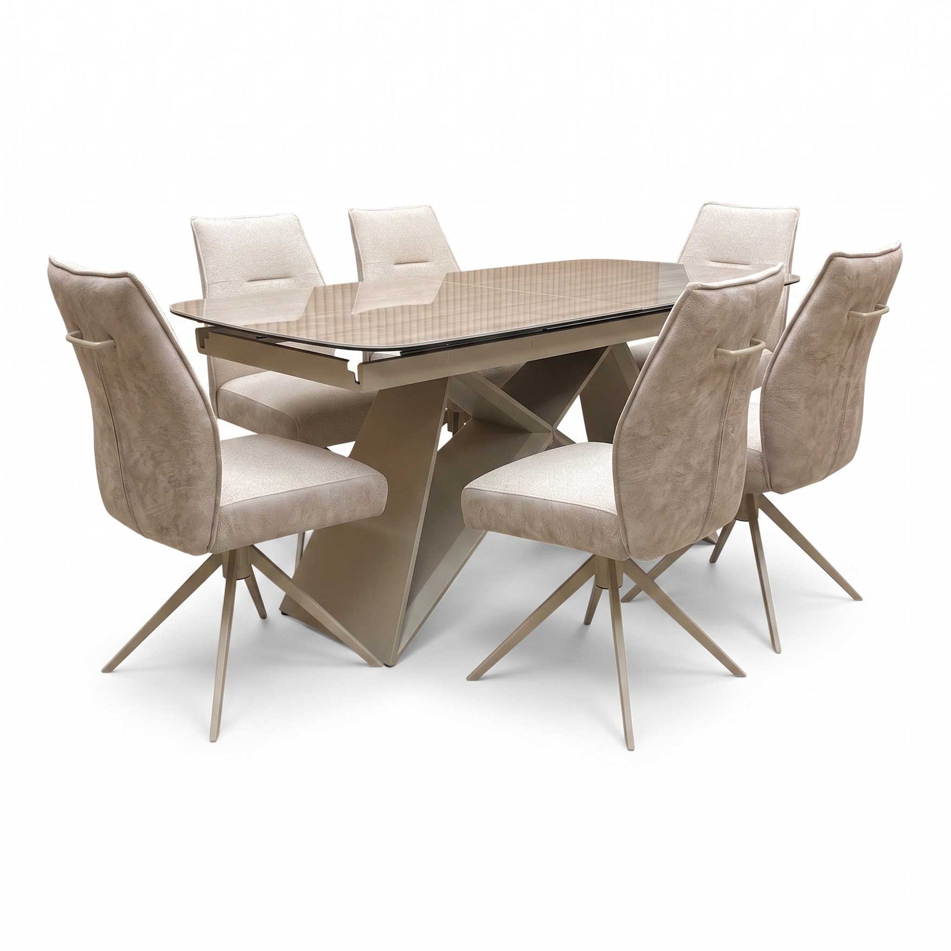 ‘Mirage’ Ceramic Top 180cm Large Pop Up Extending Dining Table with Neutral Fabric Swivel Armless Dining Chairs – view 6