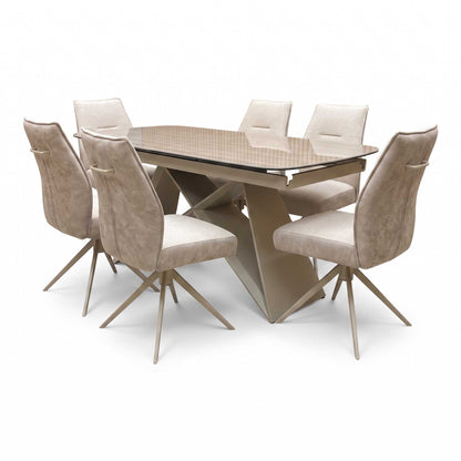 ‘Mirage’ Ceramic Top 180cm Large Pop Up Extending Dining Table with Neutral Fabric Swivel Armless Dining Chairs – view 7