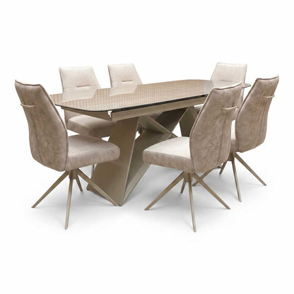 ‘Mirage’ Ceramic Top 180cm Large Pop Up Extending Dining Table with Neutral Fabric Swivel Armless Dining Chairs – view 8