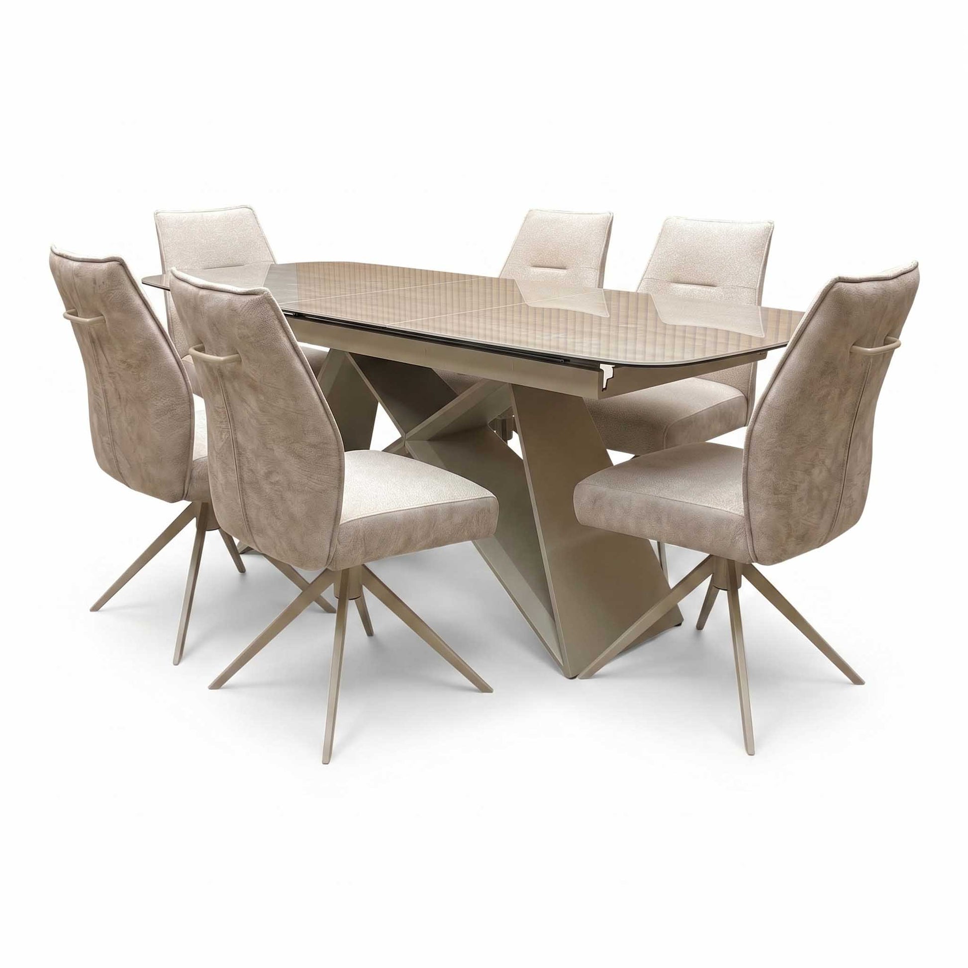 ‘Mirage’ Ceramic Top 180cm Large Pop Up Extending Dining Table with Neutral Fabric Swivel Armless Dining Chairs - Set of 6