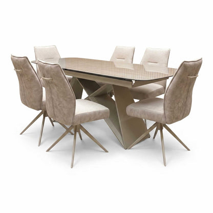 ‘Mirage’ Ceramic Top 180cm Large Pop Up Extending Dining Table with Neutral Fabric Swivel Armless Dining Chairs - Set of 6