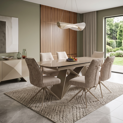 ‘Mirage’ Ceramic Top 180cm Large Pop Up Extending Dining Table with Neutral Fabric Swivel Armless Dining Chairs – view 2