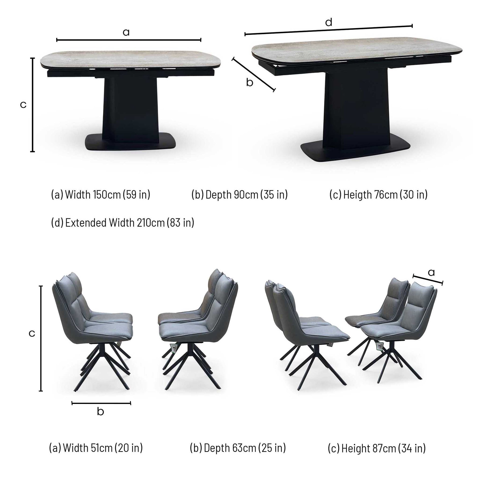 ‘Catalina’ Grey Ceramic Small Extending Dining Table with Dark Grey Faux Leather Set of 4 Swivel Dining Chairs Furniture Village