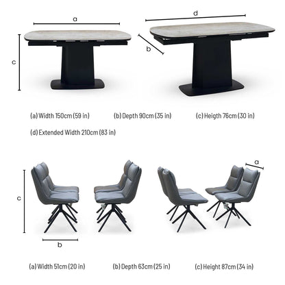 ‘Catalina’ Grey Ceramic Small Extending Dining Table with Dark Grey Faux Leather Set of 4 Swivel Dining Chairs Furniture Village