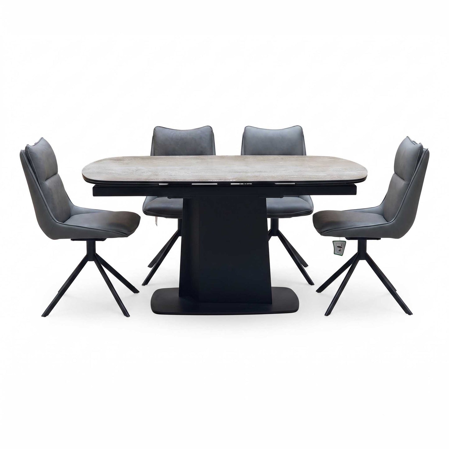 ‘Catalina’ Grey Ceramic Small Extending Dining Table with Dark Grey Faux Leather Set of 4 Swivel Dining Chairs Furniture Village