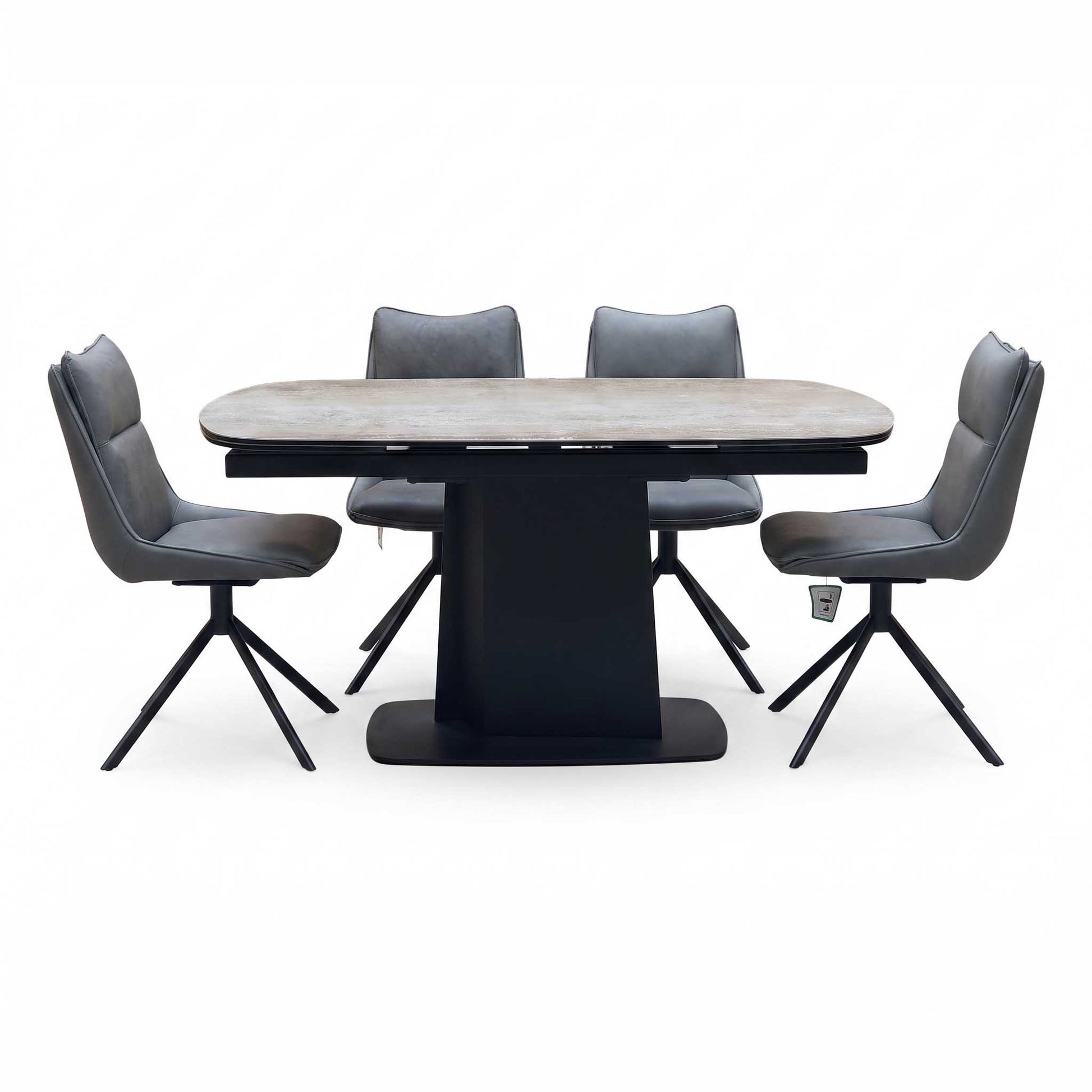 ‘Catalina’ Grey Ceramic Small Extending Dining Table with Dark Grey Faux Leather Set of 4 Swivel Dining Chairs Furniture Village