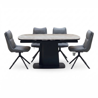 ‘Catalina’ Grey Ceramic Small Extending Dining Table with Dark Grey Faux Leather Set of 4 Swivel Dining Chairs Furniture Village