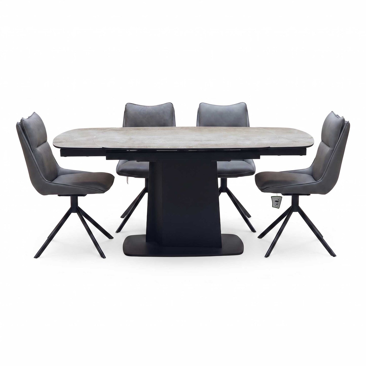 ‘Catalina’ Grey Ceramic Small Extending Dining Table with Dark Grey Faux Leather Set of 4 Swivel Dining Chairs Furniture Village