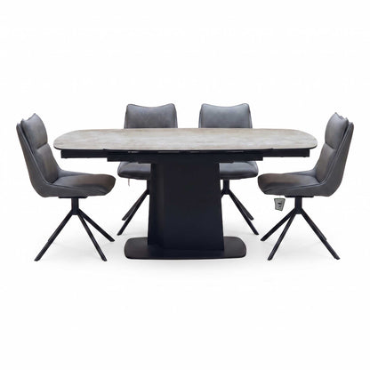 ‘Catalina’ Grey Ceramic Small Extending Dining Table with Dark Grey Faux Leather Set of 4 Swivel Dining Chairs Furniture Village