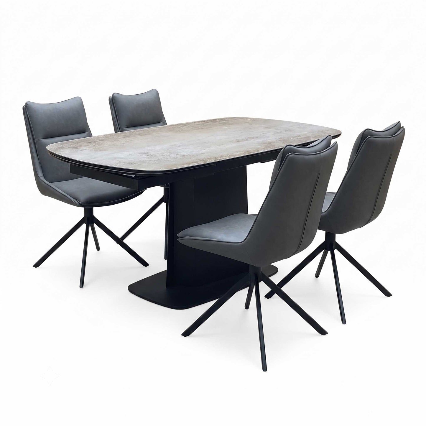 ‘Catalina’ Grey Ceramic Small Extending Dining Table with Dark Grey Faux Leather Set of 4 Swivel Dining Chairs Furniture Village
