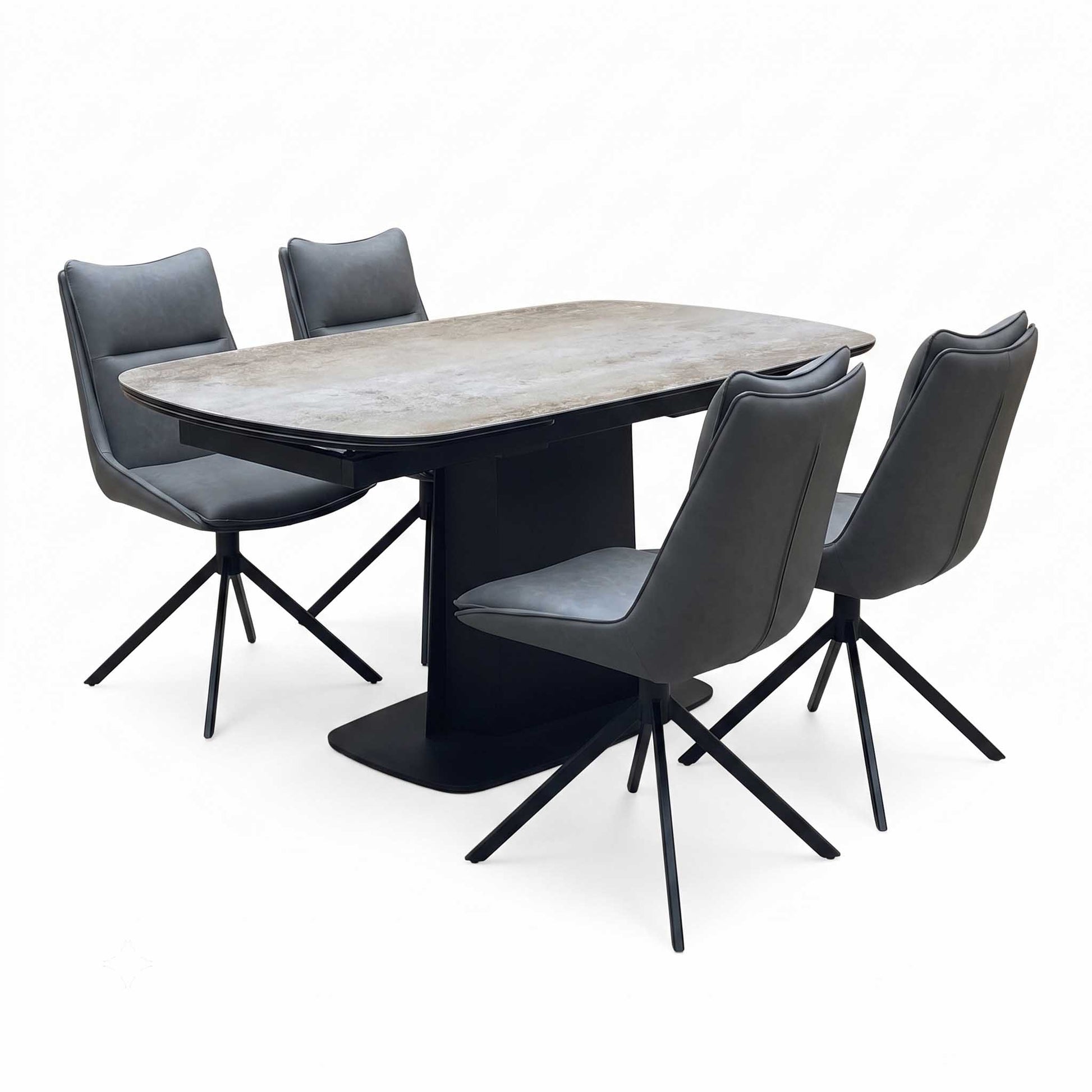 ‘Catalina’ Grey Ceramic Small Extending Dining Table with Dark Grey Faux Leather Set of 4 Swivel Dining Chairs Furniture Village