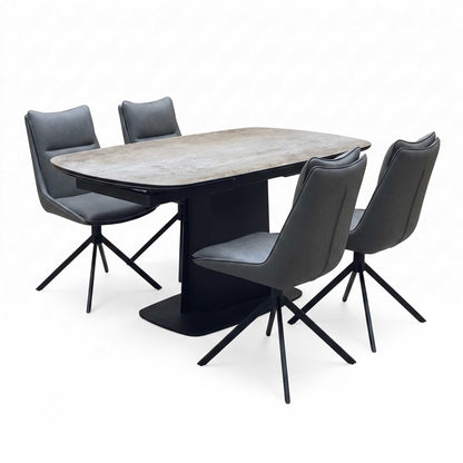 ‘Catalina’ Grey Ceramic Small Extending Dining Table with Dark Grey Faux Leather Set of 4 Swivel Dining Chairs Furniture Village