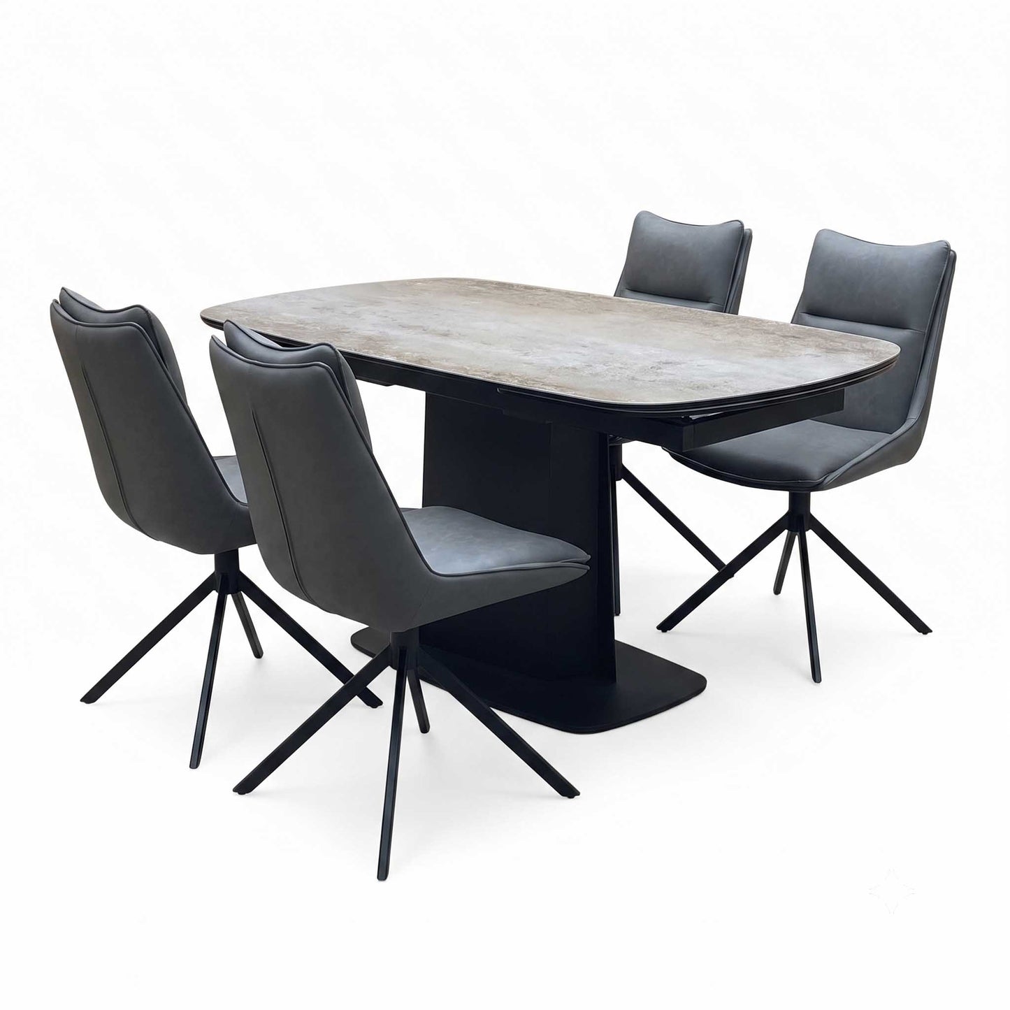 ‘Catalina’ Grey Ceramic Small Extending Dining Table with Dark Grey Faux Leather Set of 4 Swivel Dining Chairs Furniture Village