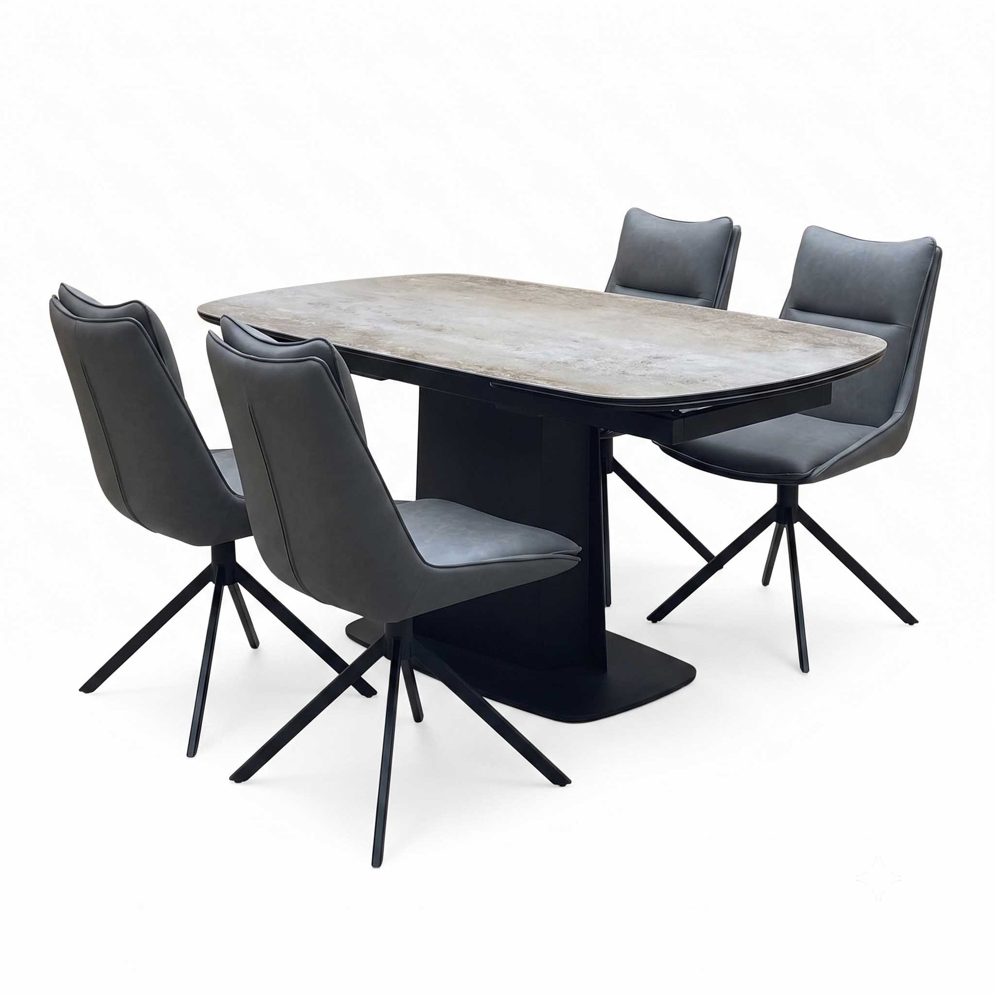 ‘Catalina’ Grey Ceramic Small Extending Dining Table with Dark Grey Faux Leather Set of 4 Swivel Dining Chairs Furniture Village