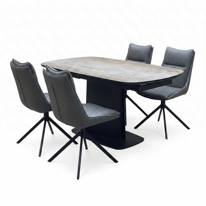 ‘Catalina’ Grey Ceramic Small Extending Dining Table with Dark Grey Faux Leather Set of 4 Swivel Dining Chairs Furniture Village