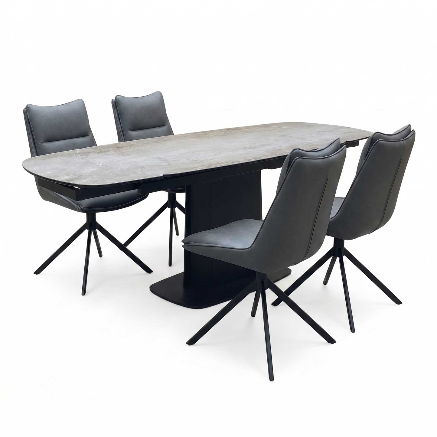 ‘Catalina’ Grey Ceramic Small Extending Dining Table with Dark Grey Faux Leather Set of 4 Swivel Dining Chairs Furniture Village