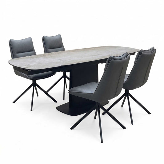 ‘Catalina’ Grey Ceramic Small Extending Dining Table with Dark Grey Faux Leather Set of 4 Swivel Dining Chairs Furniture Village