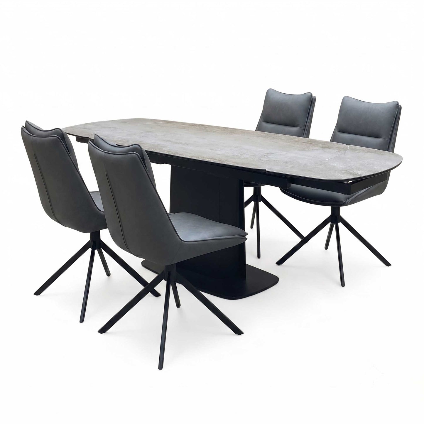‘Catalina’ Grey Ceramic Small Extending Dining Table with Dark Grey Faux Leather Set of 4 Swivel Dining Chairs Furniture Village