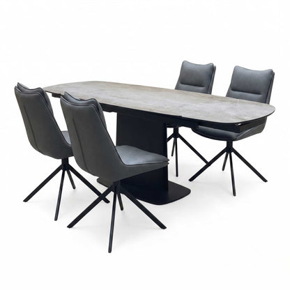 ‘Catalina’ Grey Ceramic Small Extending Dining Table with Dark Grey Faux Leather Set of 4 Swivel Dining Chairs Furniture Village