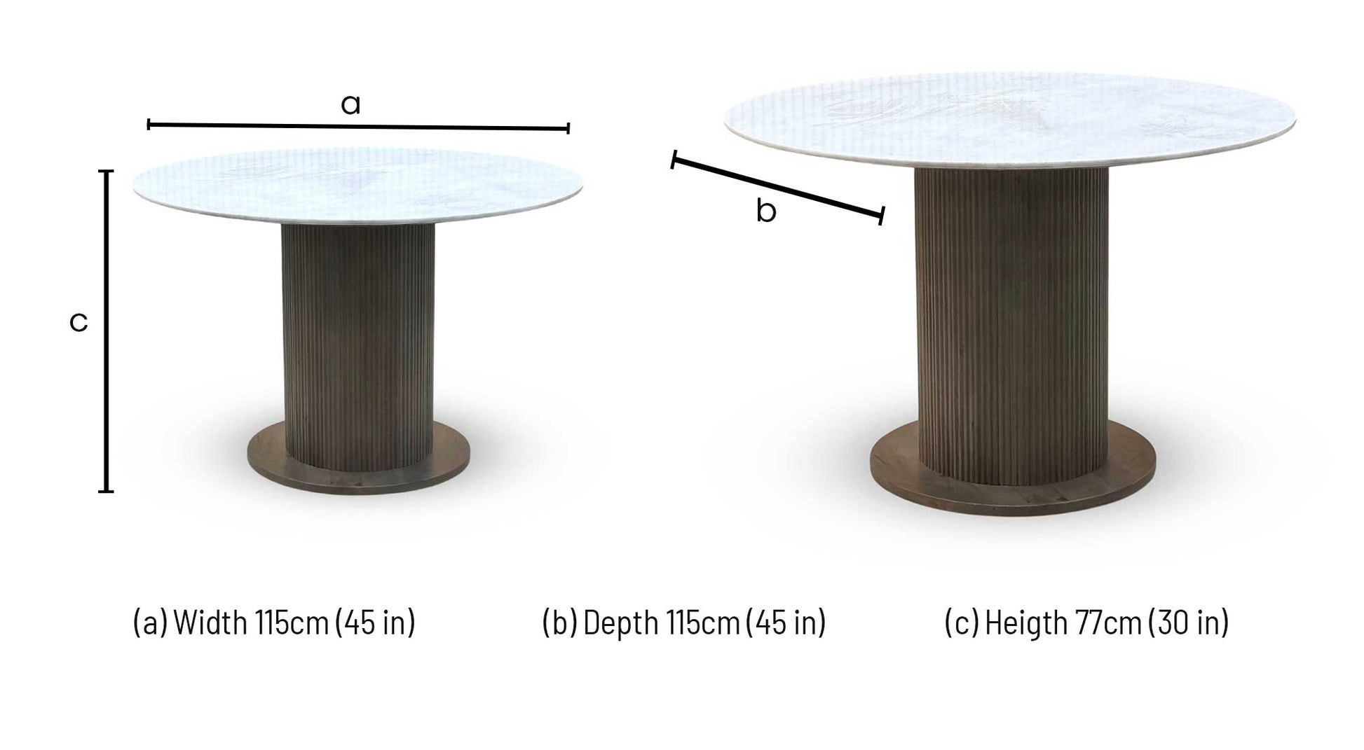 ‘Aimar’ White Ceramic Top 115cm Round Dining Table with Oatmeal Fabric Open Back Dining Chairs - Set of 4 Furniture Village