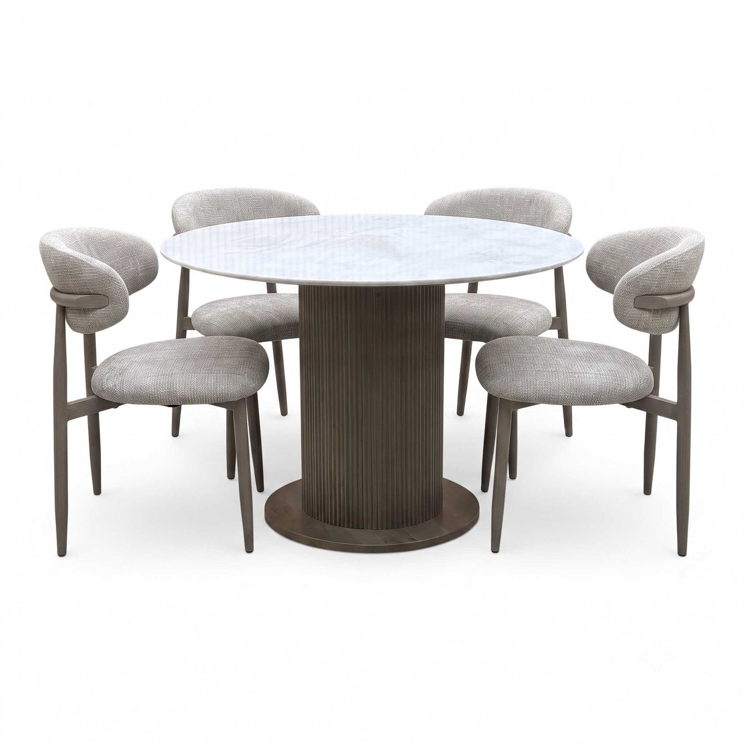 ‘Aimar’ White Ceramic Top 115cm Round Dining Table with Oatmeal Fabric Open Back Dining Chairs - Set of 4 Furniture Village
