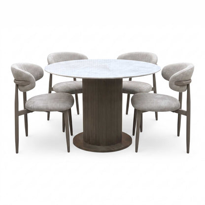 ‘Aimar’ White Ceramic Top 115cm Round Dining Table with Oatmeal Fabric Open Back Dining Chairs - Set of 4 Furniture Village