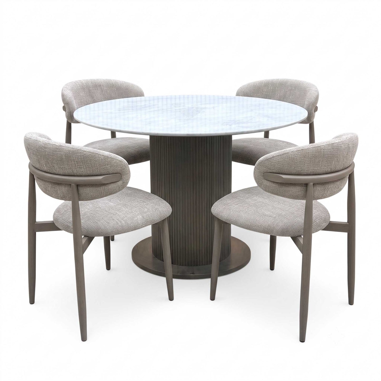 ‘Aimar’ White Ceramic Top 115cm Round Dining Table with Oatmeal Fabric Open Back Dining Chairs - Set of 4 Furniture Village