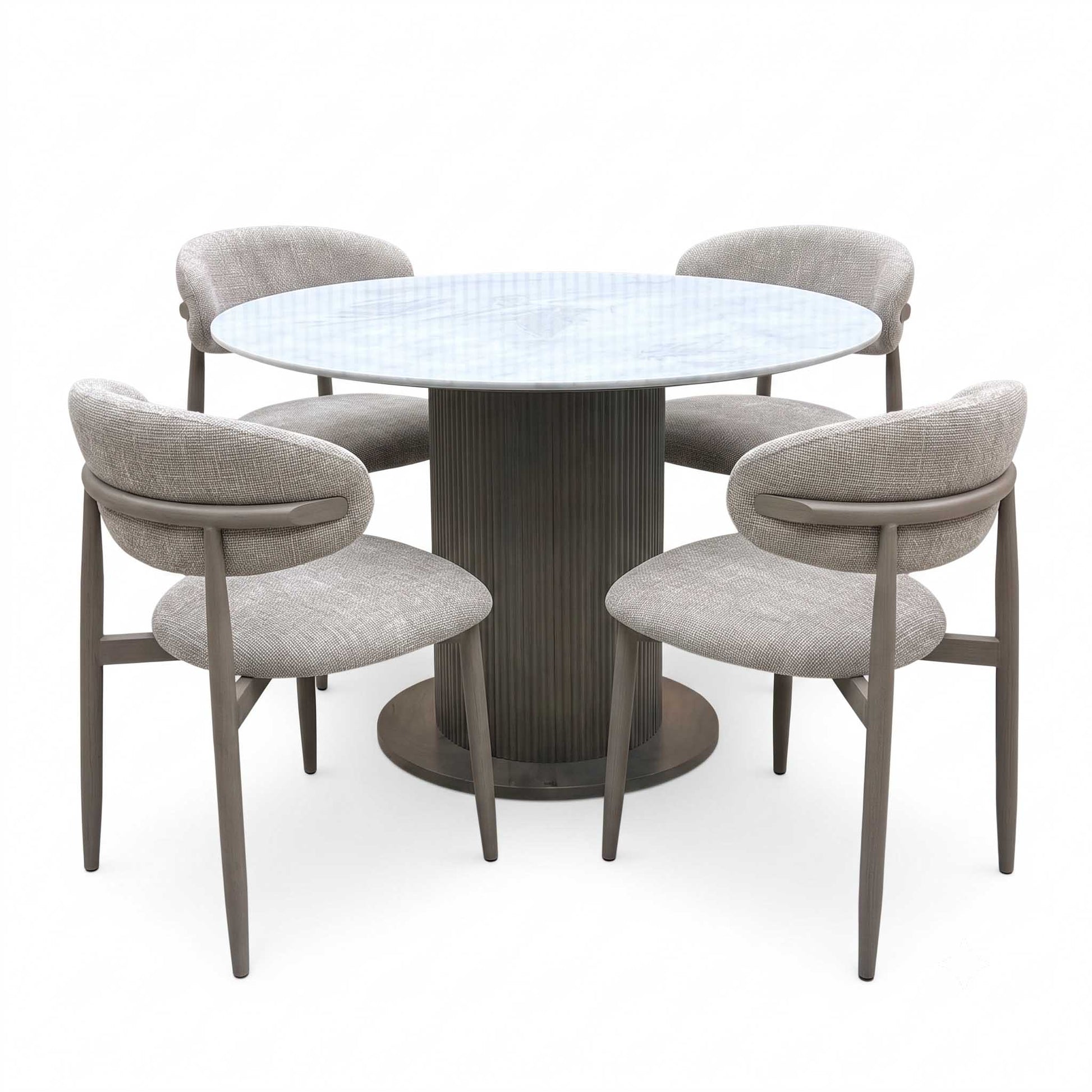‘Aimar’ White Ceramic Top 115cm Round Dining Table with Oatmeal Fabric Open Back Dining Chairs - Set of 4 Furniture Village