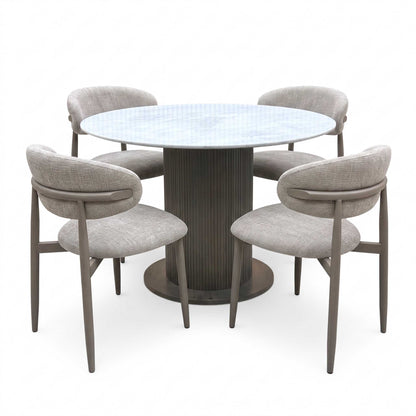 ‘Aimar’ White Ceramic Top 115cm Round Dining Table with Oatmeal Fabric Open Back Dining Chairs - Set of 4 Furniture Village