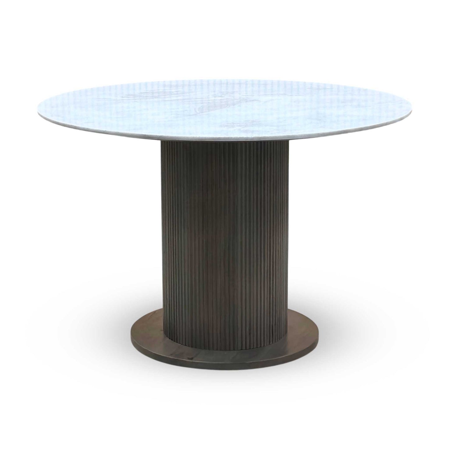 ‘Aimar’ White Ceramic Top 115cm Round Dining Table with Oatmeal Fabric Open Back Dining Chairs - Set of 4 Furniture Village
