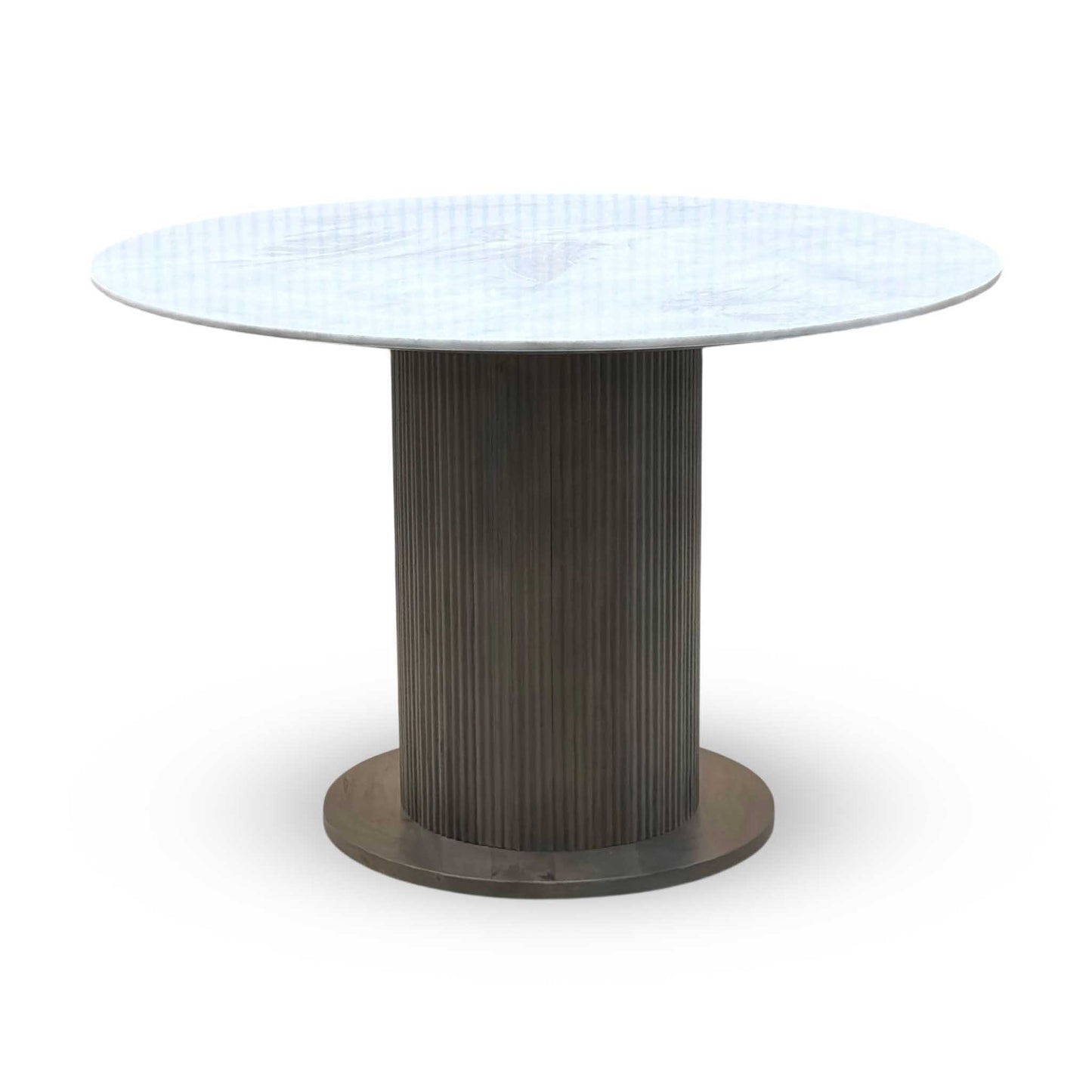 ‘Aimar’ White Ceramic Top 115cm Round Dining Table with Oatmeal Fabric Open Back Dining Chairs - Set of 4 Furniture Village