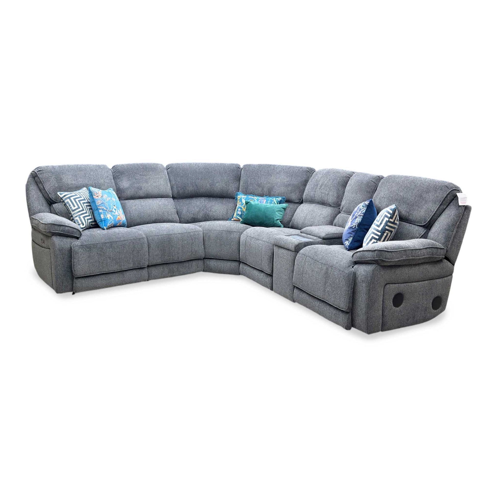 'Costa' Power Recliner Charcoal Grey Weave Fabric Left Hand Corner Sofa with Cupholders, Storage and Bluetooth Speakers and Power Headrests Thornbrook (a Joseph James brand)