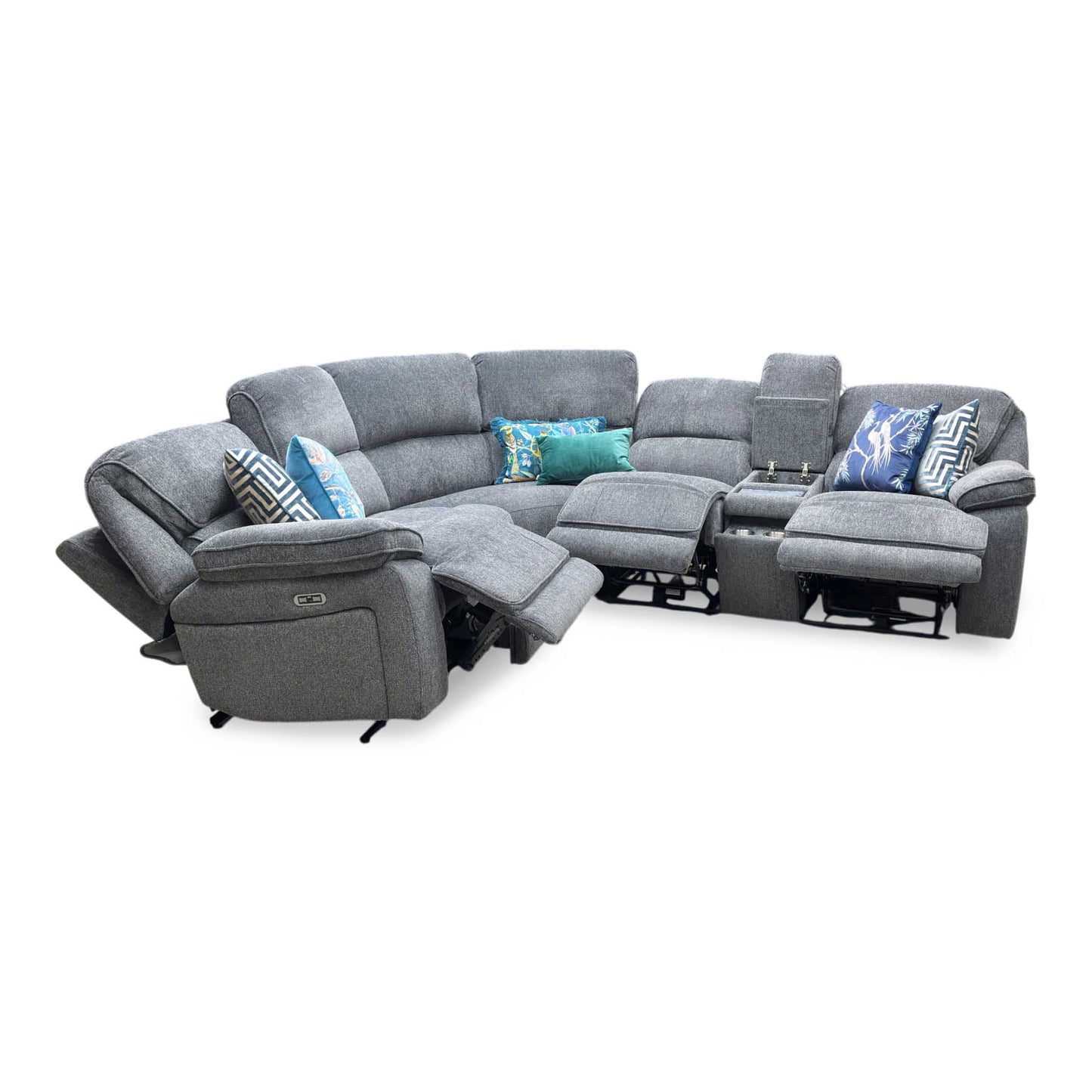 'Costa' Power Recliner Charcoal Grey Weave Fabric Left Hand Corner Sofa with Cupholders, Storage and Bluetooth Speakers and Power Headrests Thornbrook (a Joseph James brand)