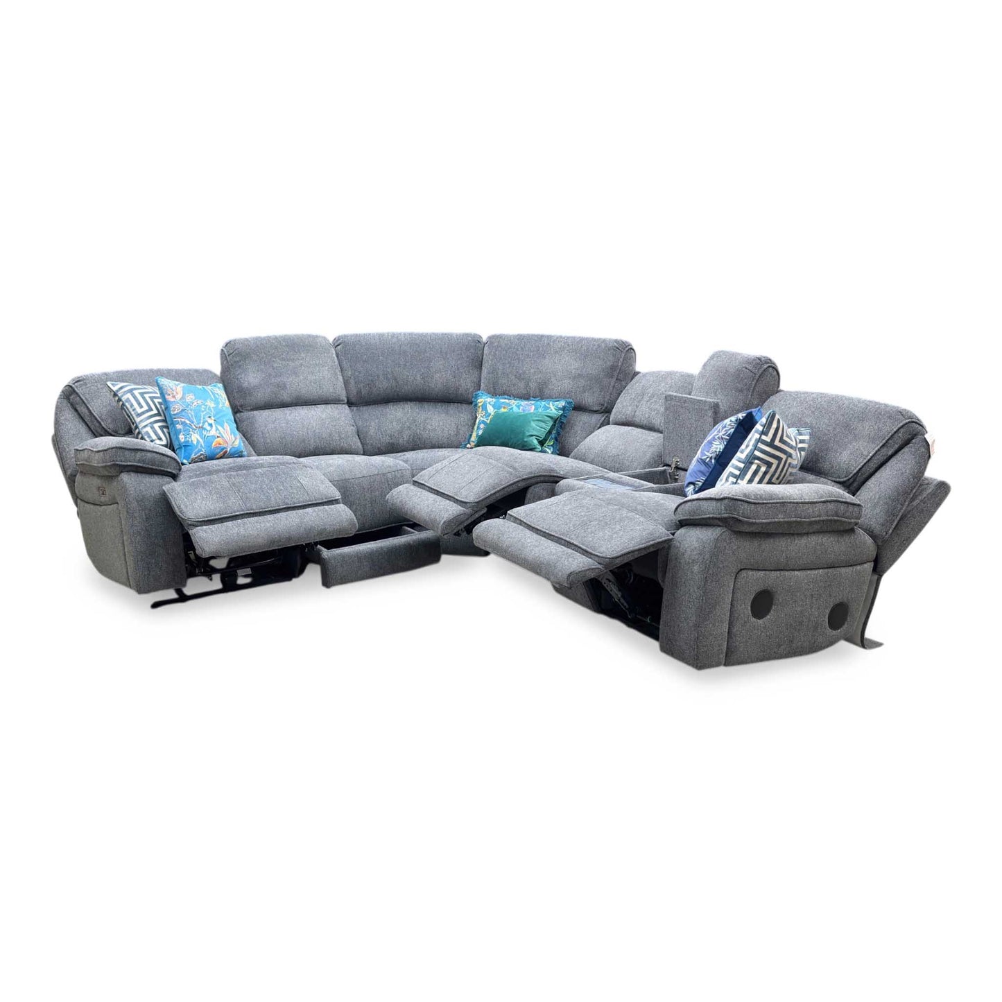 'Costa' Power Recliner Charcoal Grey Weave Fabric Left Hand Corner Sofa with Cupholders, Storage and Bluetooth Speakers and Power Headrests Thornbrook (a Joseph James brand)