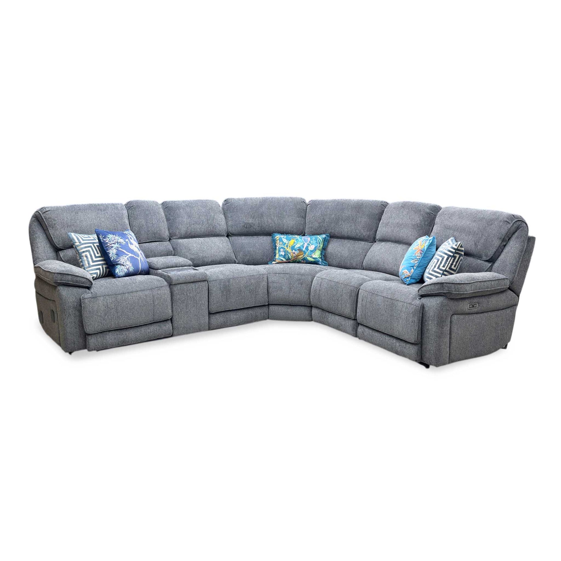 'Costa' Power Recliner Charcoal Grey Weave Fabric Right Hand Corner Sofa with Cupholders, Storage and Bluetooth Speakers and Power Headrests Thornbrook (a Joseph James brand)