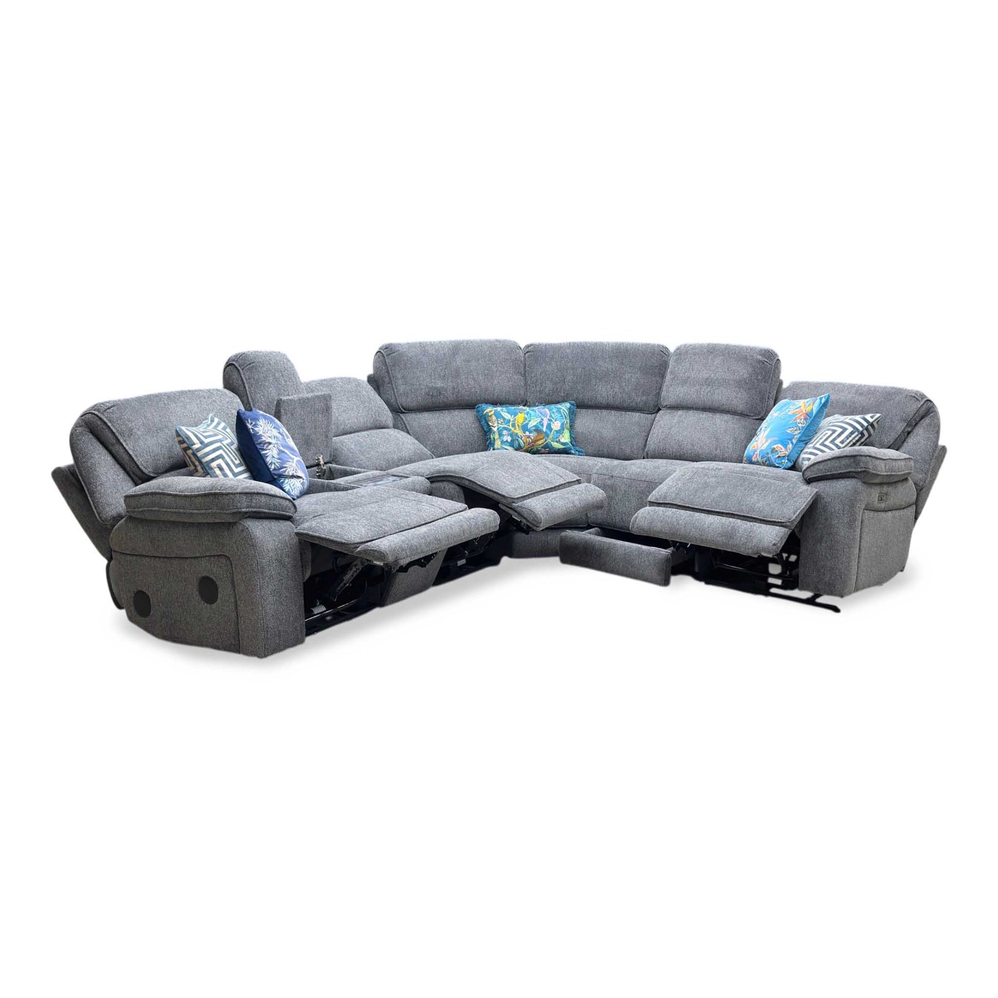 'Costa' Power Recliner Charcoal Grey Weave Fabric Right Hand Corner Sofa with Cupholders, Storage and Bluetooth Speakers and Power Headrests Thornbrook (a Joseph James brand)