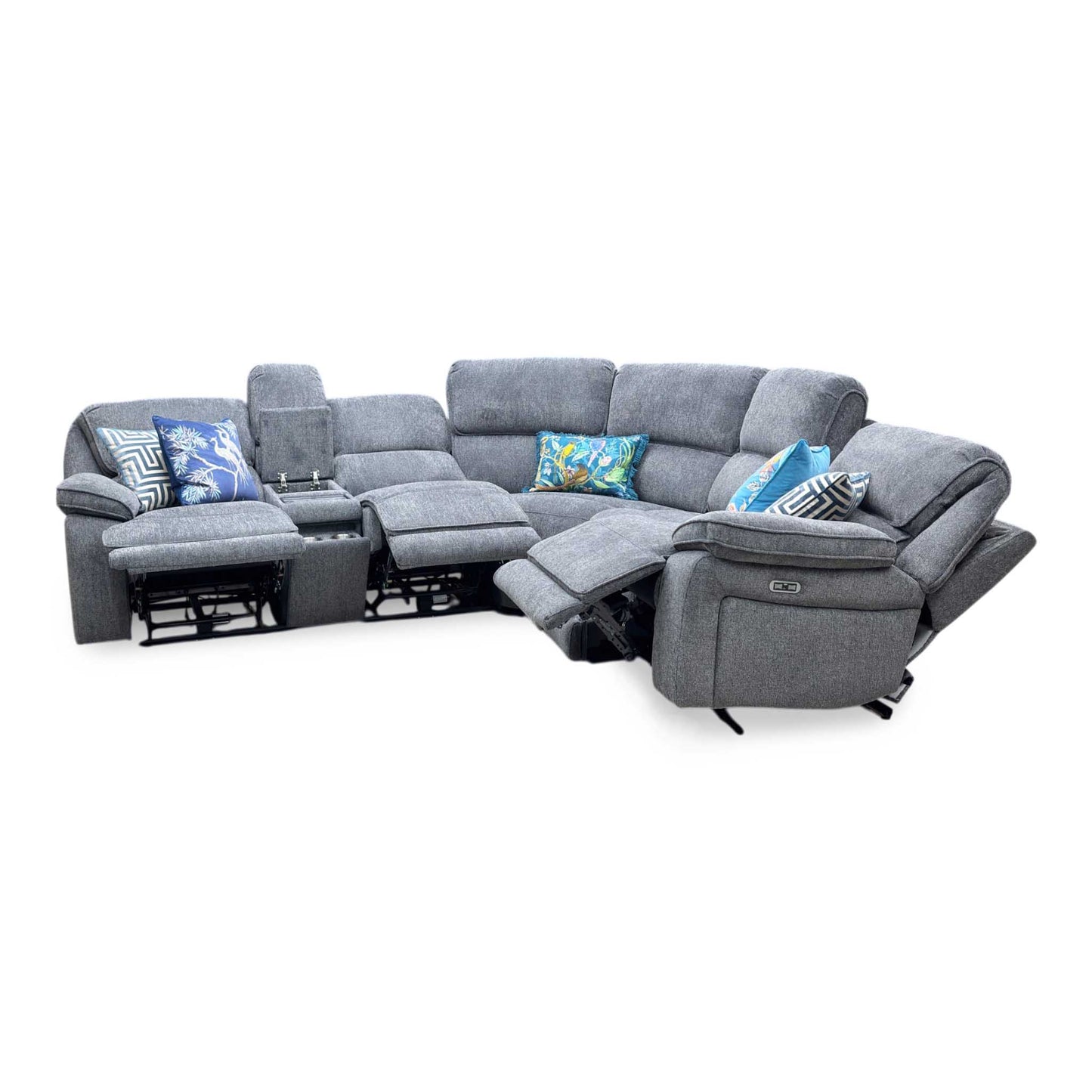 'Costa' Power Recliner Charcoal Grey Weave Fabric Right Hand Corner Sofa with Cupholders, Storage and Bluetooth Speakers and Power Headrests Thornbrook (a Joseph James brand)