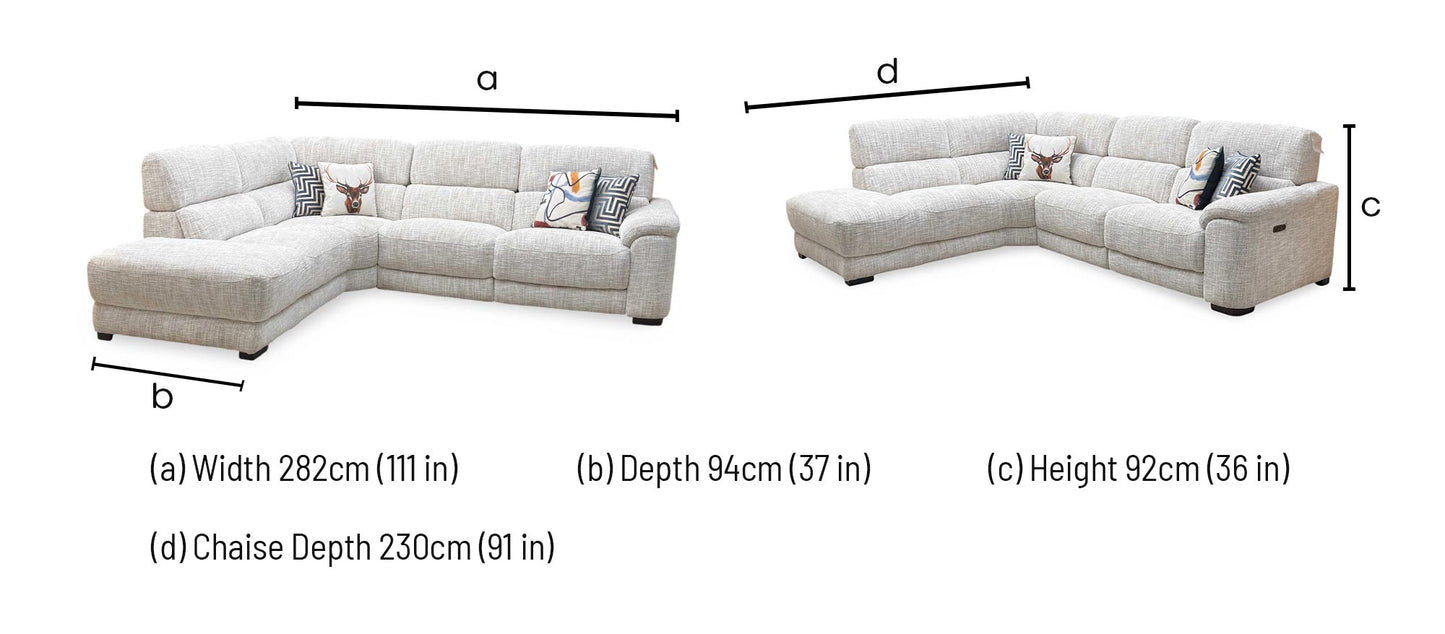 ‘Nova’ Fab-Mga-R04 Beige Fabric Power Recliner Chaise End Sofa with Power Headrests Furniture Village