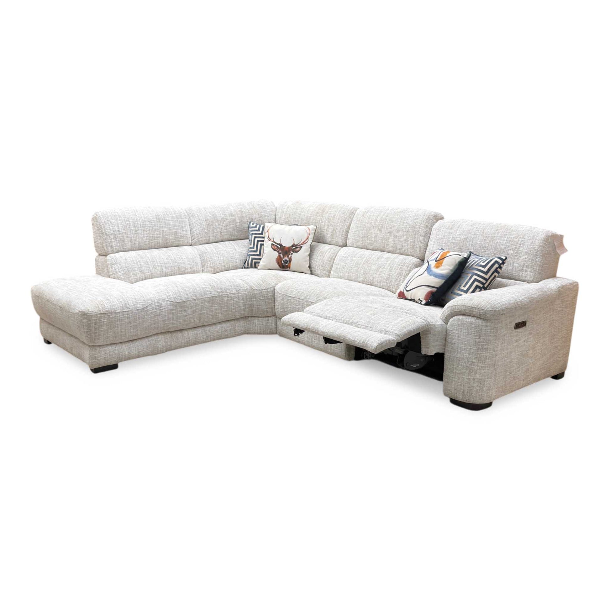‘Nova’ Fab-Mga-R04 Beige Fabric Power Recliner Chaise End Sofa with Power Headrests Furniture Village
