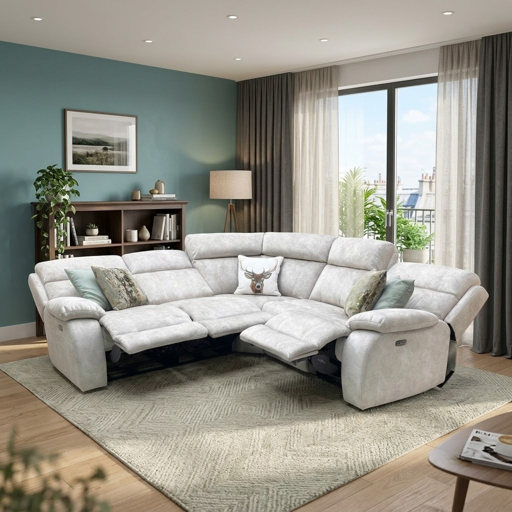 ‘Moreno’ Bfa-Bnn-R26 Cream Fabric Large Power Recliner Corner Sofa with Armless power unit Furniture Village