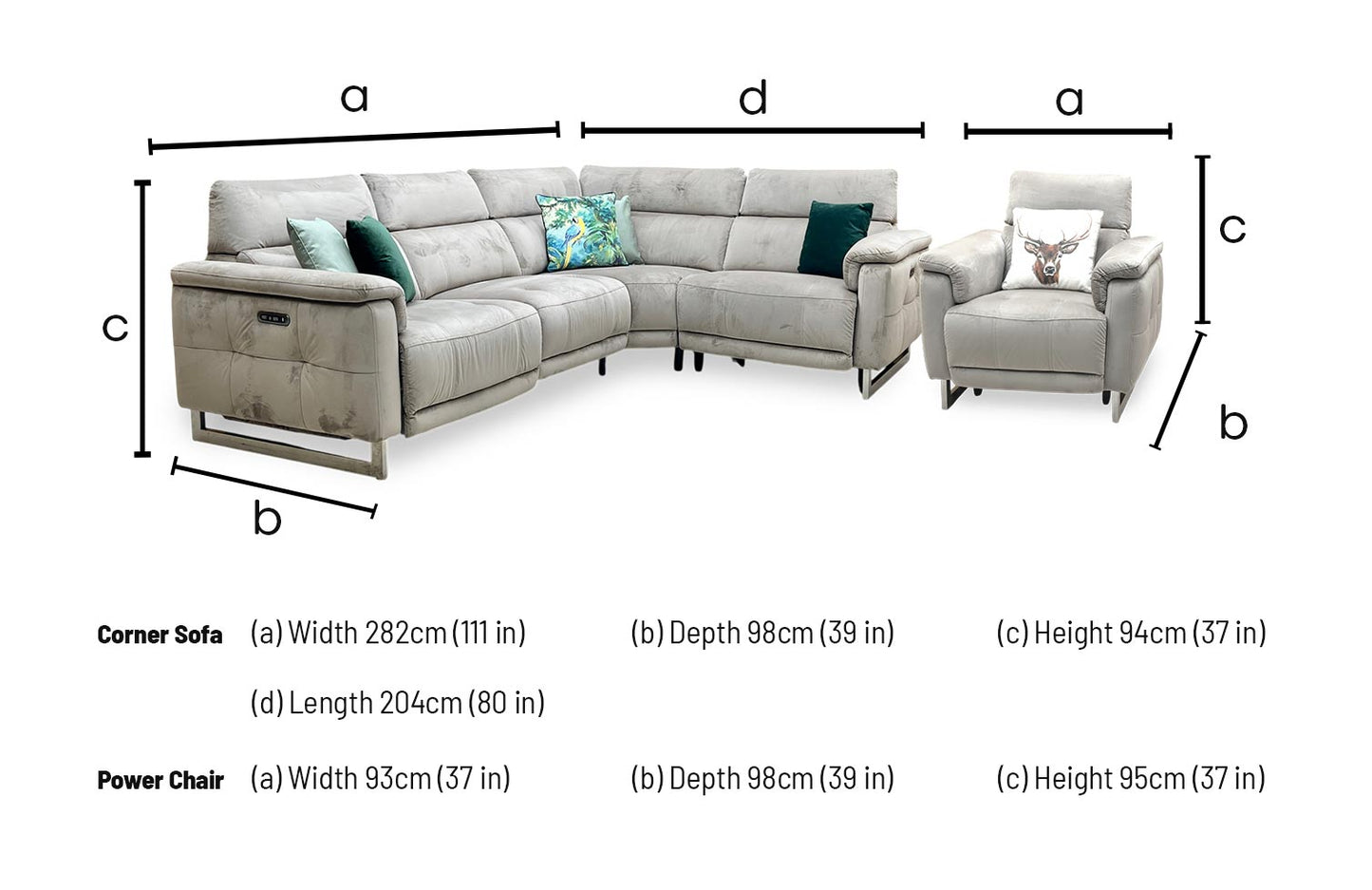 ‘Moet’ 51014 Opulence Cedar Fabric Power Recliner Corner Sofa + Chair with Telescopic Headrests Furniture Village