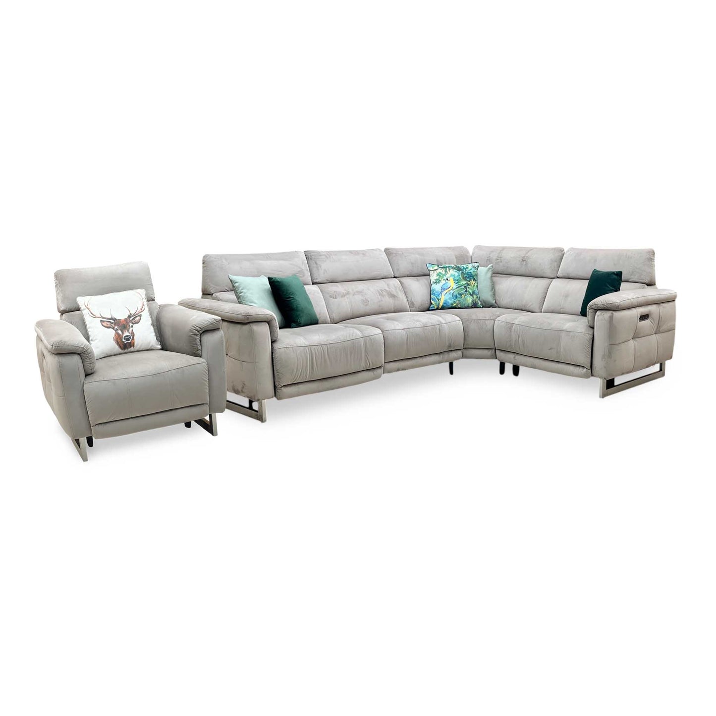 ‘Moet’ 51014 Opulence Cedar Fabric Power Recliner Corner Sofa + Chair with Telescopic Headrests Furniture Village