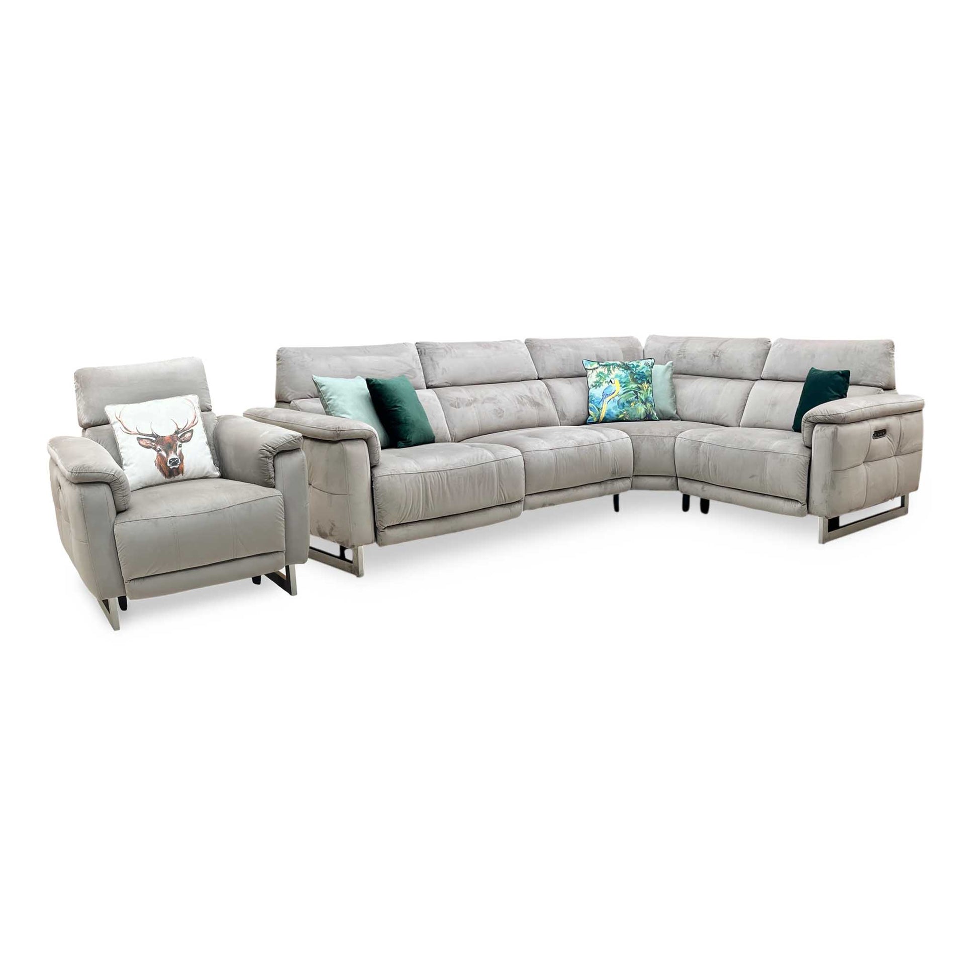 ‘Moet’ 51014 Opulence Cedar Fabric Power Recliner Corner Sofa + Chair with Telescopic Headrests Furniture Village