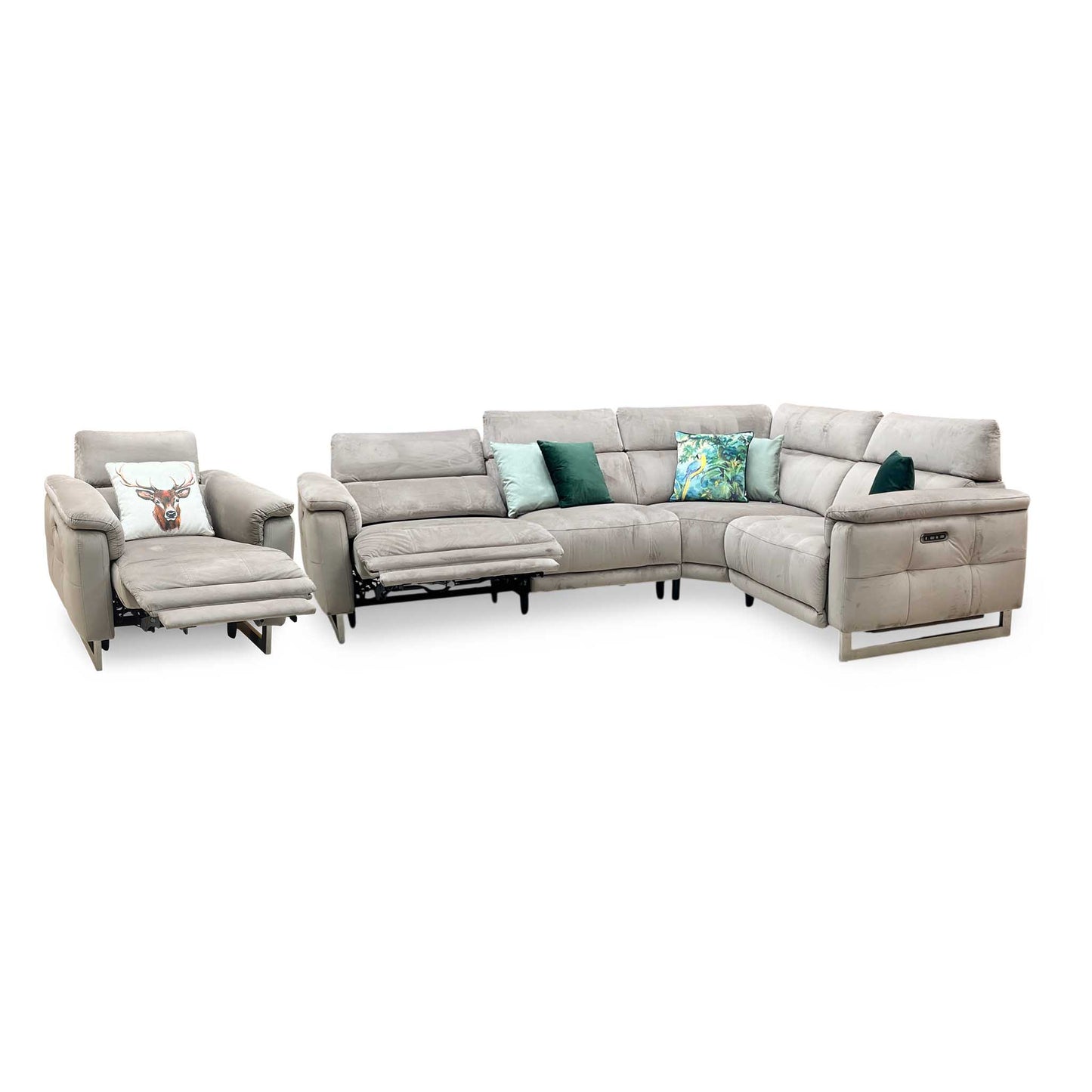 ‘Moet’ 51014 Opulence Cedar Fabric Power Recliner Corner Sofa + Chair with Telescopic Headrests Furniture Village