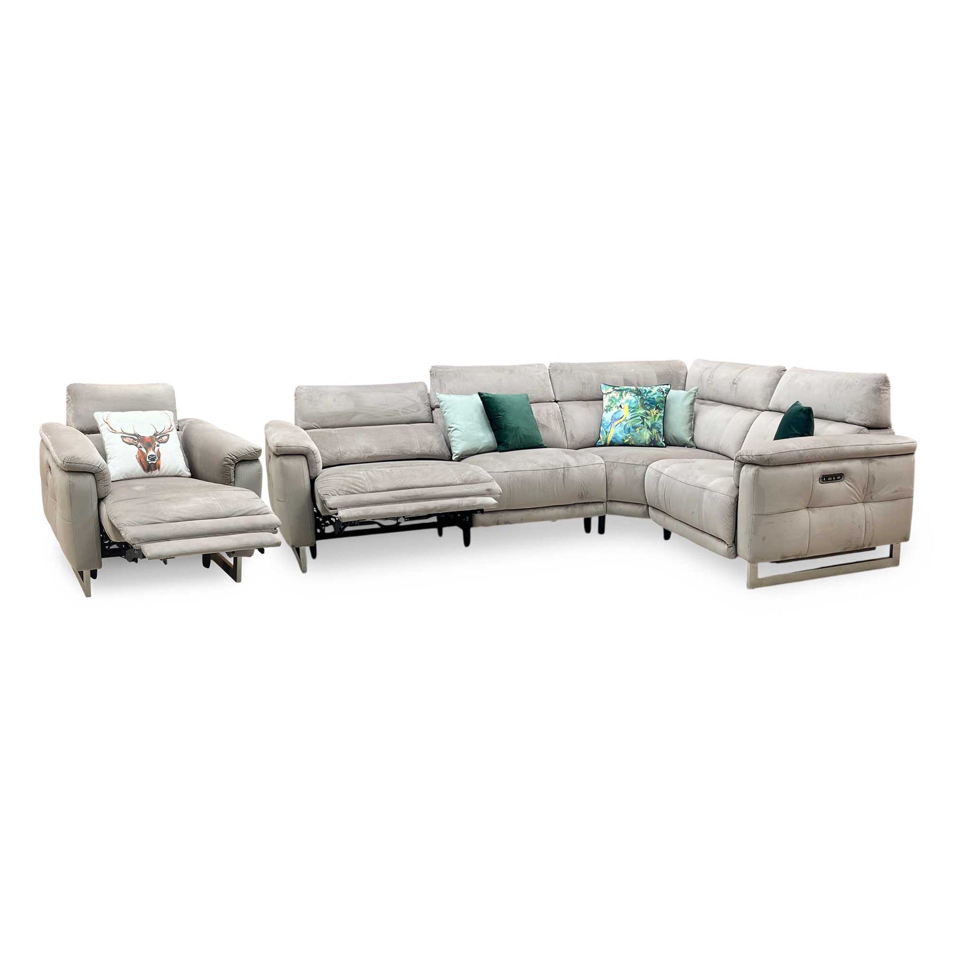 ‘Moet’ 51014 Opulence Cedar Fabric Power Recliner Corner Sofa + Chair with Telescopic Headrests Furniture Village